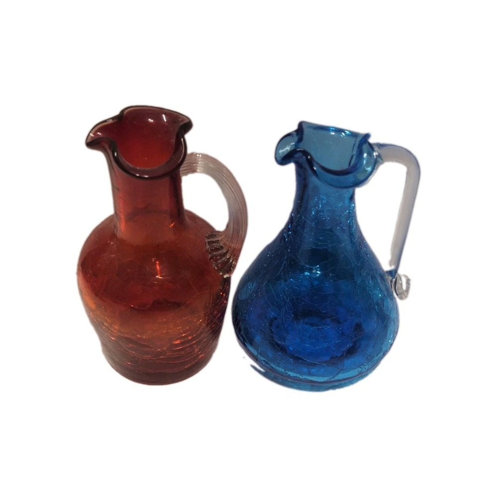 Vintage Cracked Glass Hand Blown Mini Pitchers / Bud Vases Set Of 2 Art Glass - Picture 3 of 15